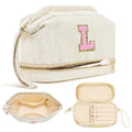 Personalized Makeup Bag for Girls - Initial Women Travel Cosmetic Organizer, Double Layer with Brush Holder - L