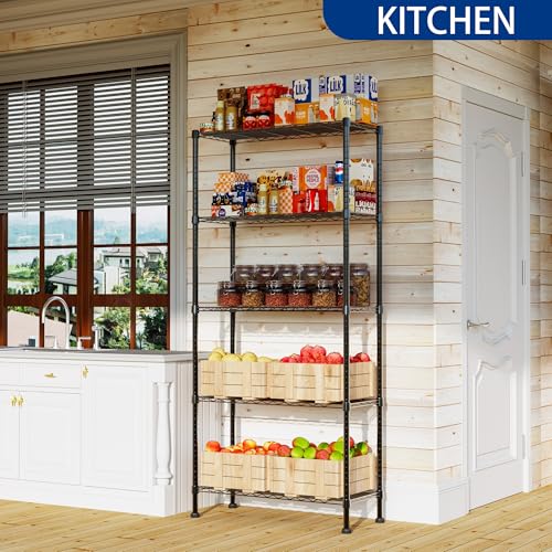 Black 5-Tier Adjustable Wire Shelving Unit - Heavy Duty Storage Rack for Kitchen, Bathroom, Laundry, Closet - 14.1"D x 30"W x 79"H