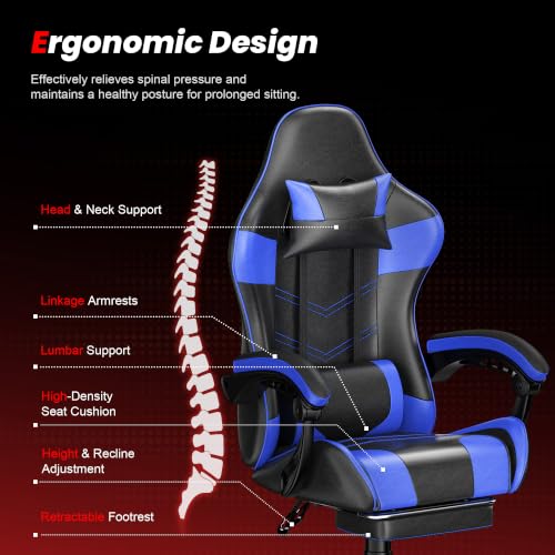 Frovlni Blue Gaming Chair with Footrest, Ergonomic Video Game Chair for Adults