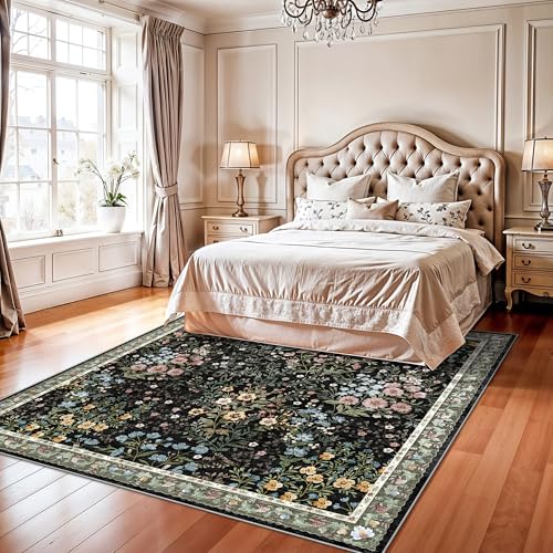 Black Square 7x7 ft Floral Area Rug - Non-Slip, Machine Washable, Indoor Carpet for Living Room Bedroom Office