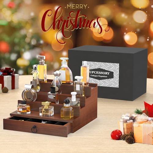Mocha 4-Tier Cologne Organizer for Men Wooden Perfume Stand with Hidden Storage