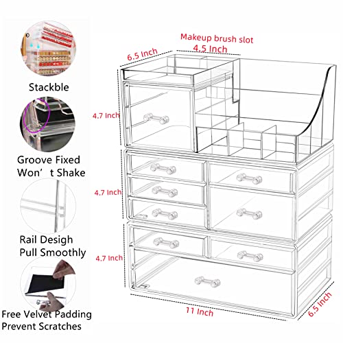 Acrylic Makeup Organizer with 9 Drawers & Top Storage - Clear Stackable Vanity