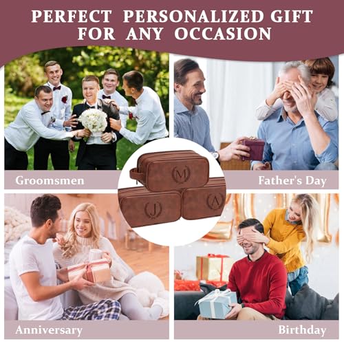 Men's PU Leather Travel Toiletry Bag with Engraved Initials, Waterproof, Red Brown A
