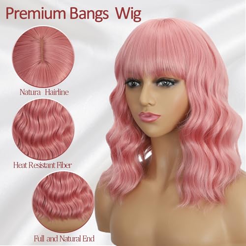 Mxayhnajxl Pink Wigs with Bangs for Women, 14 Inch Short Wavy Bob Cosplay & Party Wig