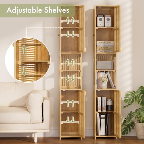 Tall Bathroom Storage Cabinet - Bamboo with Rattan Doors, Adjustable Shelves, Natural Color, 70 Inch
