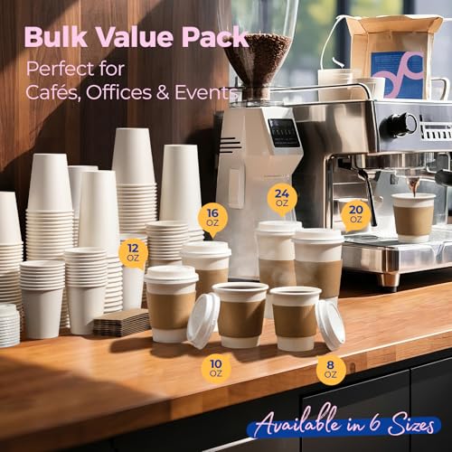 Fit Meal Prep 24 oz Disposable Coffee Cups with Lids & Sleeves, 250 Pack – Leak-Proof Hot & Cold To-Go Cups