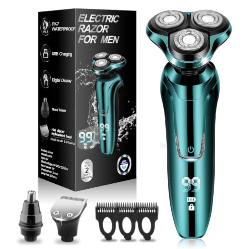 Hands -Free Waterproof Cordless Men’s Electric Shaver with Floating Heads & Trimmer
