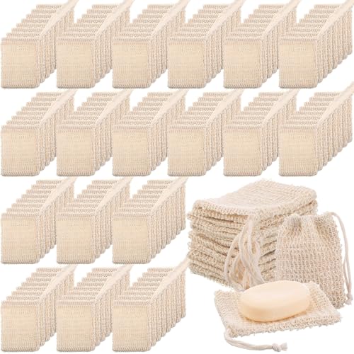 Rtteri 150 Pcs Soap Exfoliating Bag, Natural Sisal Soap Pouch Saver Body Shower Bar Mesh Body Net with Drawstring for Foaming and Drying