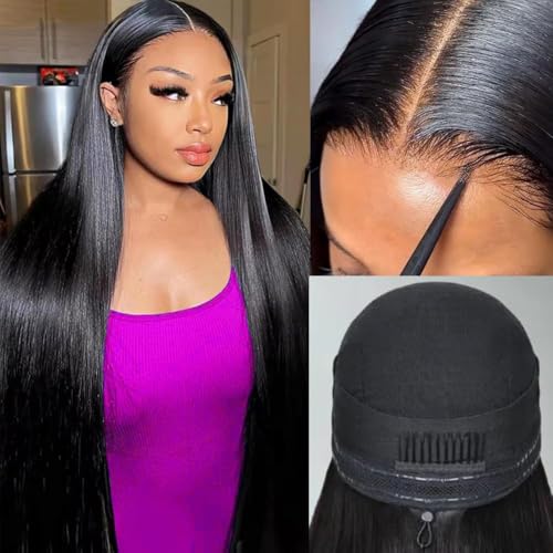 Miniask Natural Color 18 Inch Human Hair Lace Front Wigs 13x6 Glueless Straight Wig with Pre-Plucked Hairline & 180% Density