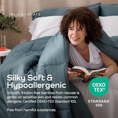 Olive + Crate Bamboo Comforter Queen - Basalt Blue, 88x90 Inch Breathable Duvet Insert