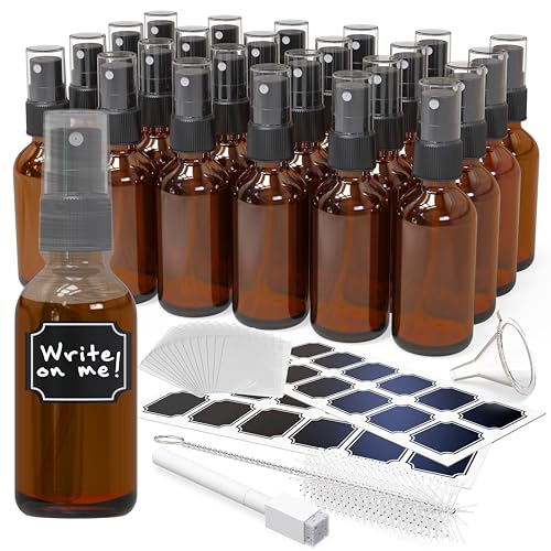 Nevlers 24PK 2 Oz Amber Glass Spray Bottles for Essential Oils | Amber Glass Bottle Set w/Shrink Wrap, Funnel, Labels & More | Fine Mist Spray Bottles for Face Mist Bottle, Hair Mister, Oil Mister