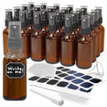 Nevlers 24PK 2 Oz Amber Glass Spray Bottles for Essential Oils | Amber Glass Bottle Set w/Shrink Wrap, Funnel, Labels & More | Fine Mist Spray Bottles for Face Mist Bottle, Hair Mister, Oil Mister