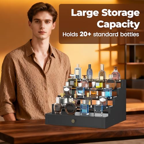 EsLuker.ly Perfume Organizer Cologne Holder Stand for Men, Wooden Cologne Display Shelf for Bedroom Dresser Countertop, 5 Tier Large Capacity Storage Rack with Drawer, Keep Fragrance Neat & Accessible
