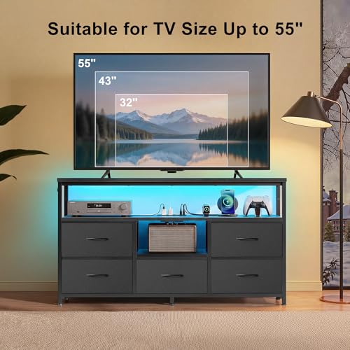 47 Inch TV Stand with LED Lights & Charging Station for Bedroom - Fabric Drawer Storage