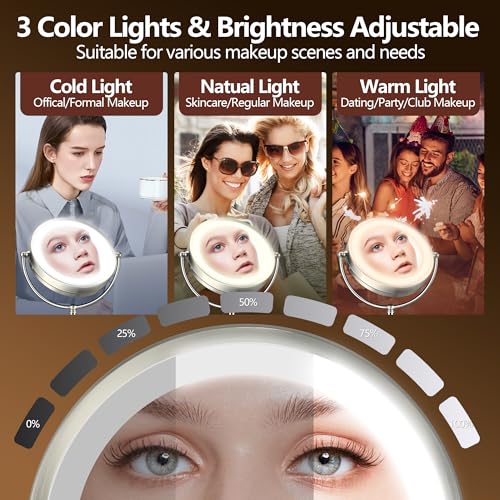 Silver 10X Lighted Makeup Mirror with 3 Color Modes & Adjustable Brightness