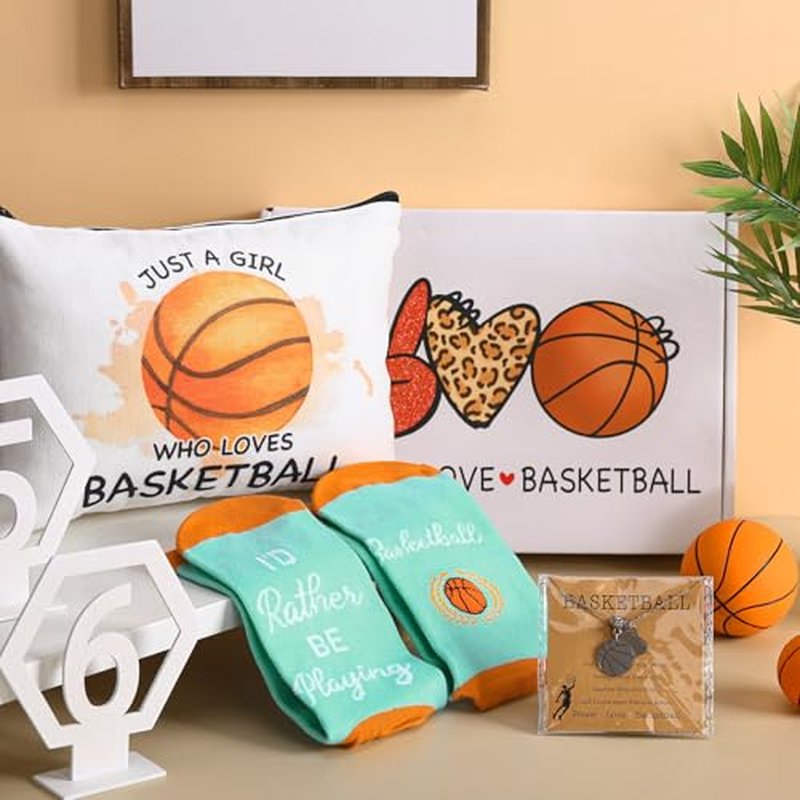 5 Pcs Basketball Gifts for Women Girl Basketball Party Favors Team Players Gift Makeup Bag Necklace Earrings Socks for Sport Birthday Athlete Reward Gifts Stuff