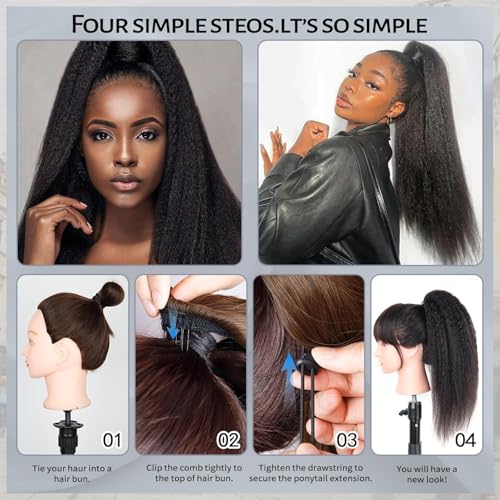 Human Hair Ponytail Extension 24 Inch Kinky Straight Drawstring Clip-In for Black Women