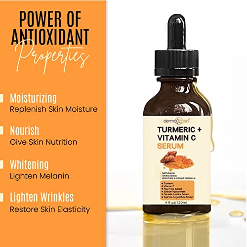 Turmeric Serum for Face + Glow-Boosting Vitamin C Serum - 4 Fl Oz Organic Moisturizer for Acne Dark Spots & Radiant Skin