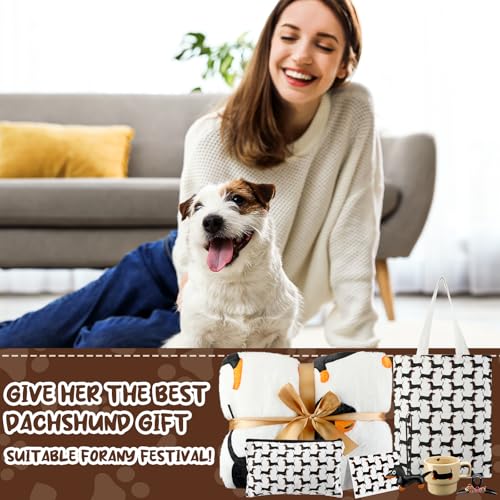 8 Pcs Dachshund Gifts for Women Blankets Hair Clips Canvas Tote Bags Cosmetic Bags Pendants Mugs Gift Cards and Boxes for Dog Mom Gifts New Puppy Owners