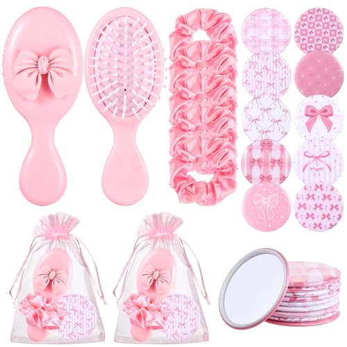 Pink Bow Hair Brush & Compact Mirror Set for Travel & Party Favors