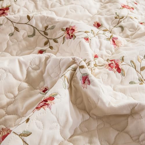 Pink Floral Embroidery Quilt Set with Leaves 3D Pattern - Queen Size Reversible Cotton Bedding