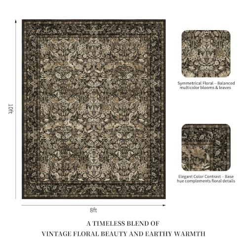 Vintage Floral Area Rug 8x10 ft - Brown & Gold Washable Living Room Carpet