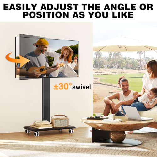 TVON Black Wooden Base Rolling TV Stand for 32-70 Inch TVs, Swivel & Height Adjustable
