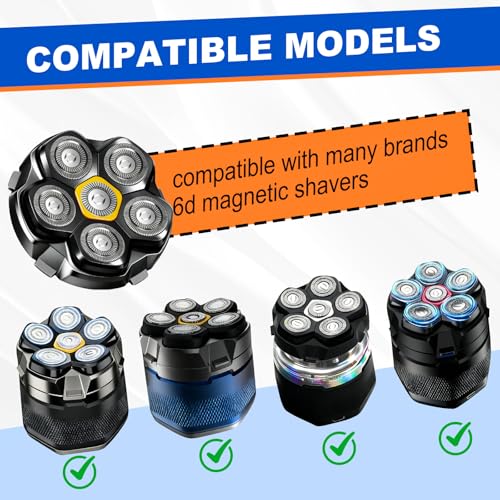 Magnetic 6-Blade Head Shaver Replacement Heads for 6D Electric Razors - Black 4PCS