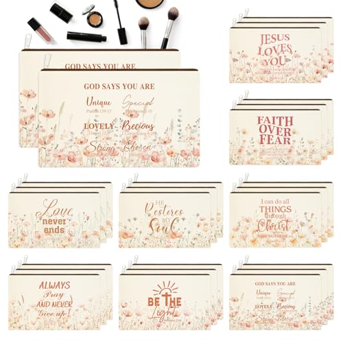 Kuabiz 24 Pack Christian Wildflowers Makeup Bags with Bible Verses - Inspirational Travel Cosmetic Pouches for Women