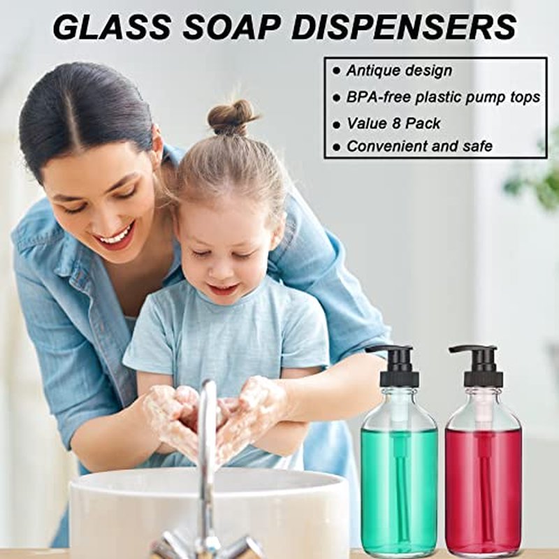 8 Pack Glass Pump Bottles with Black Lotion Pumps 8 oz Refillable Pump Bottles Dispenser Thick Glass Lotion Soap Shampoo Massage Oil Containers Multipurpose for Salon Cosmetic Kitchen Bathroom(Clear)