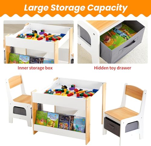Kids Table and Chair Set - 4-in-1 Toddler Desk with Storage, White, 24.49 x 24.49 x 18.9 inches
