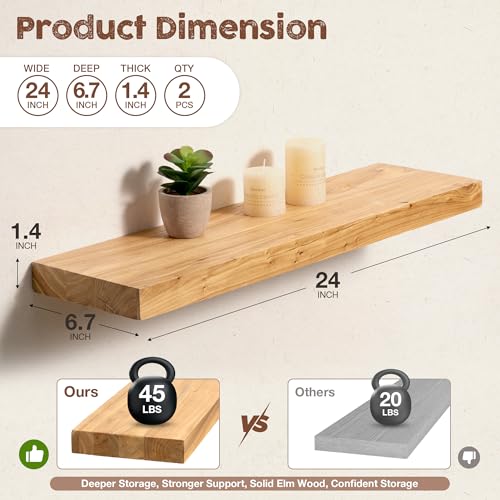Fuqing Floating Wall Shelves - Natural Elm Flat Edge, 24 Inch, 2-Pack