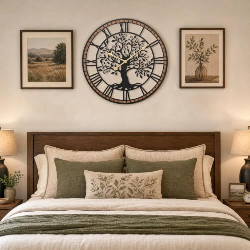 Large Wall Clock 24 Inch Tree of Life Rustic Farmhouse Decor - Battery Operated