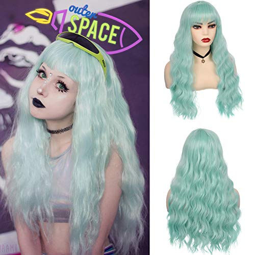 Swiking Mint Green Curly Wigs for Women - Long Wavy Synthetic Cosplay Hair with Bangs