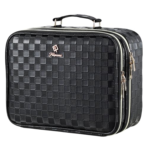 Makeup Bag with LED Lighted Mirror 12.2 IN Cosmetic Train Case Double Layer Makeup Case Adjustable Brightness in 3 Colors Cosmetic Organizer Artist Storage with Brush Holder Vanity Black Checkerboard