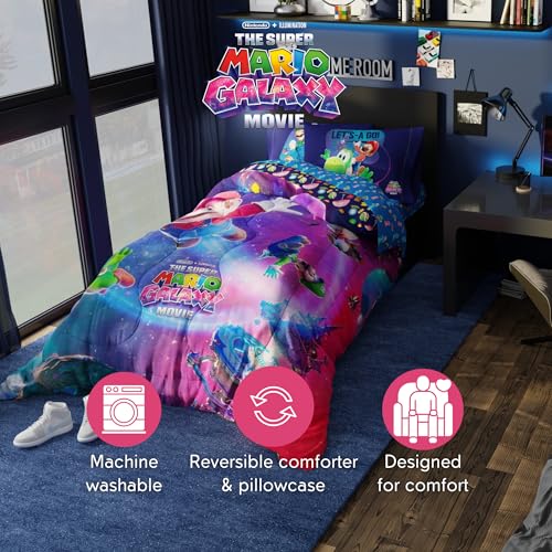 Super Mario Galaxy Movie Bedding Set - Twin Reversible Comforter & Sheet Set, Kids Officially Licensed