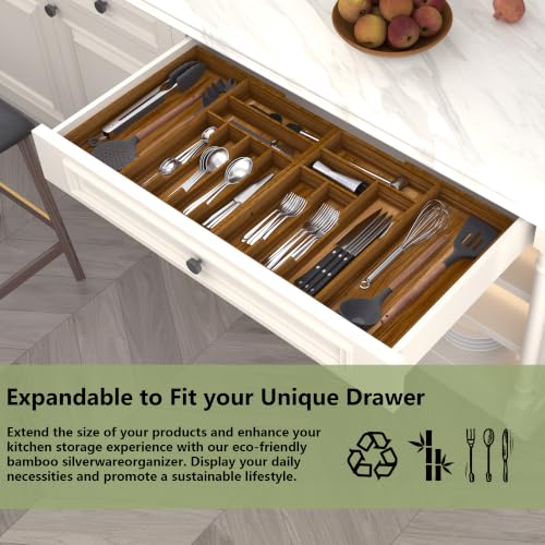 Extra Large Silverware Drawer Organizer - Expandable Acacia Wood, Brown / 22-37 Inches