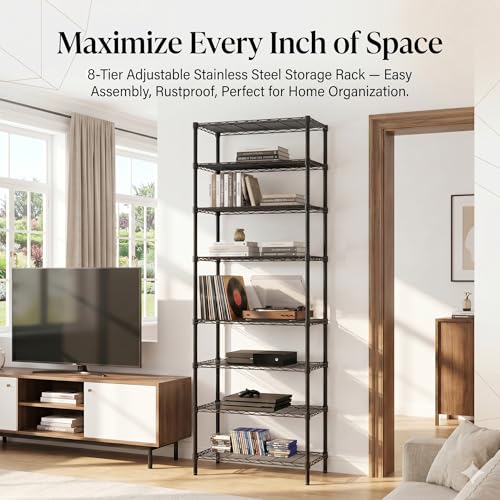 Finnhomy 8-Tier Adjustable Steel Wire Shelving Unit 72 Inch Black Storage Rack