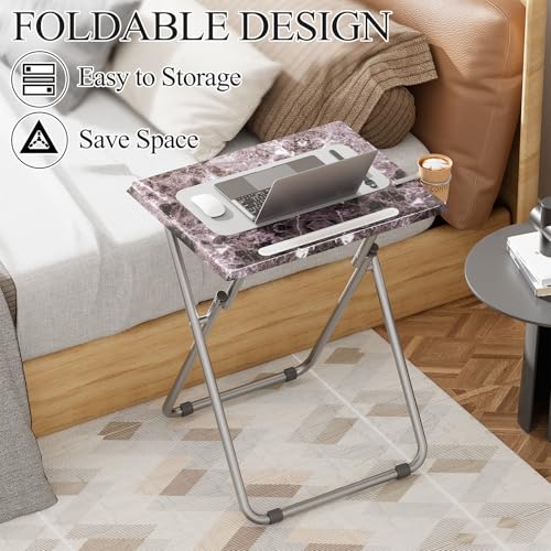Folding TV Tray Table with Cup Holder - Black Marble 4PCS