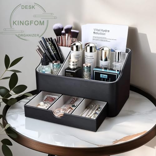 KINGFOM Leather Makeup Organizer with Drawer - Black Cosmetic Storage for Vanity & Countertop