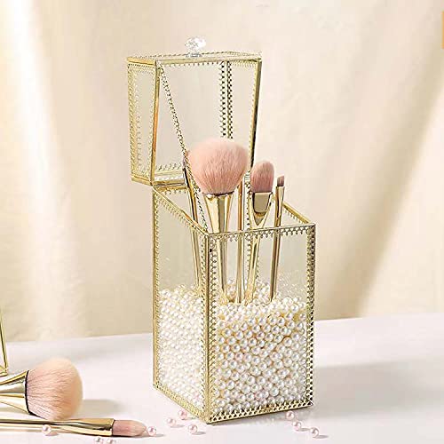 Glass Makeup Brush Holder with Lid Organizer Vintage Cosmetic Hexagonal Display Cases Brush Storage with Free White Pearls - Gold