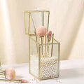 Glass Makeup Brush Holder with Lid Organizer Vintage Cosmetic Hexagonal Display Cases Brush Storage with Free White Pearls - Gold