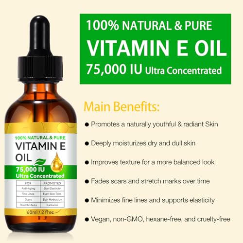 2 Pack Vitamin E Oil, Vitamin E Oil Blend 75,000 IU for Plump Skin, Reduce Fine Lines & Scars, Moisturizing Skin, for Skin, Scars, Face & Full Body