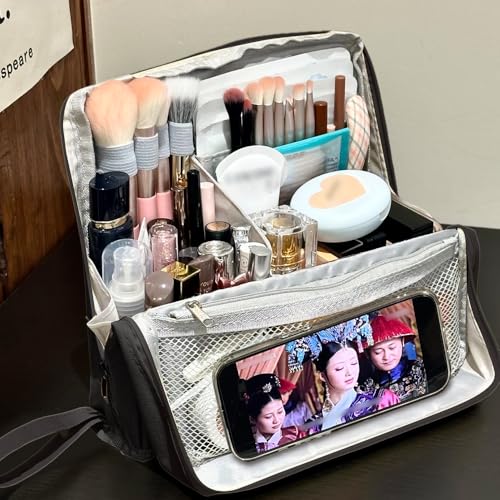 standing makeup bag, Women's Large Capacity Foldable Magnetic Travel Makeup Storage Bag, Waterproof Portable Open Makeup Bag with Divider,black