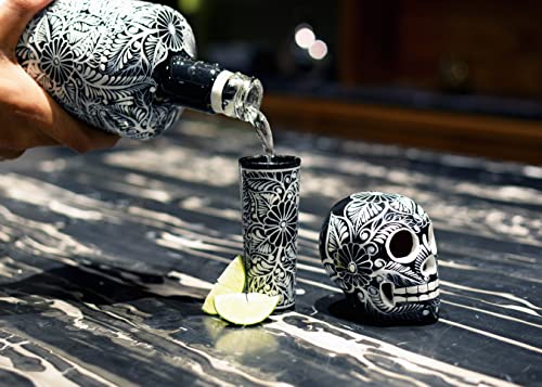 Black Tequila Decanter Set with Skull Shot Glasses and Mexican Sombrero - Hand-Painted Bar Decor