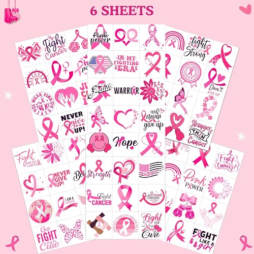 Breast Caner Temporary Tattoos, Pink Tattoos Stickers, Breast Cancer Awareness Decorations, Pink Stickers for Party Decoration Supplies Favors for Kids Adults