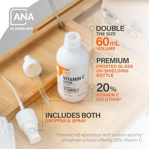 All Natural Advice 60mL Vitamin C Serum with 20% Sodium Ascorbyl Phosphate – UV Glass Bottle, Dropper & Spray