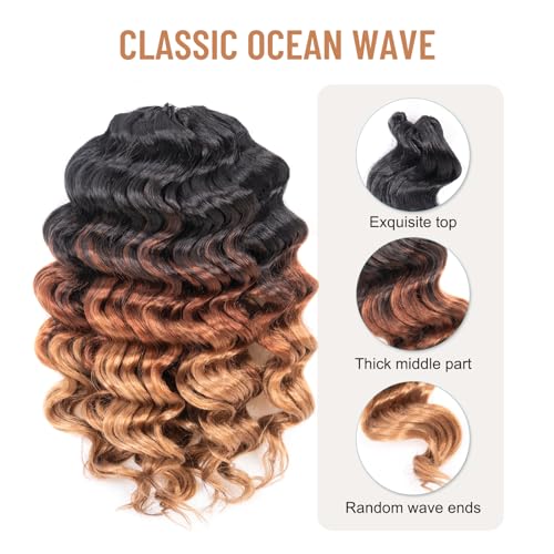 ToyoTree 14 Inch Ocean Wave Crochet Hair - 8 Packs Ombre Brown Deep Wave Extensions