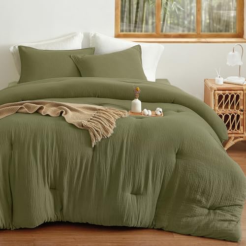 King Size Olive Green Cooling Muslin Comforter Set - Ultra-Soft Breathable Bedding