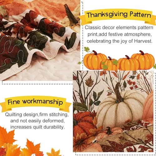 King Fall Pumpkin Quilt Set 3-Piece Reversible Bedspread for All Seasons
